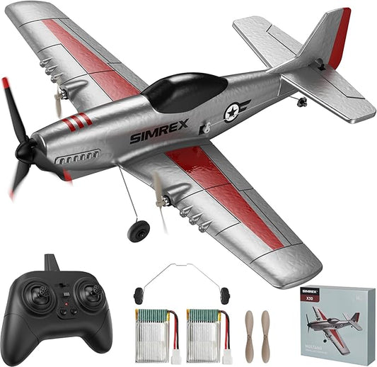SIMREX RC Plane for Kids - 2.4GHz 3-Channel Remote Control Airplane Toy with 6-Axis Gyro, 2 Speeds, 2 Batteries, P51 RC Airplane, Foam Glider - Gift for Boys & Girls