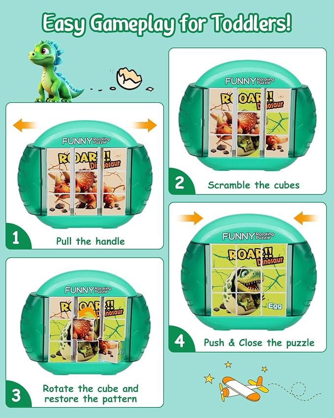 Rotating 3D Puzzle for Kids 3 4 5 6 7 Year Old, 4 Puzzles in 1, Handheld Game Fidget Toys for Travel, Cars & Plane, Fine Motor Skills Developing (Roar Dino Squad)