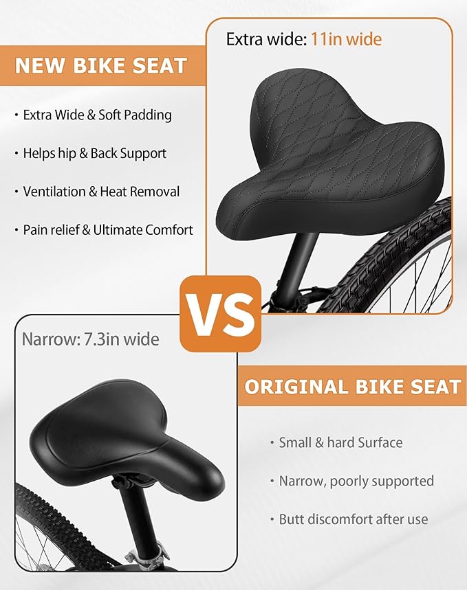 Wide Bicycle Seats for Comfort Men & Women, Oversized & Extra Soft Padded Bike Seat Cushion, Comfortable Large Bike Saddle for Ebike, Mountain Bike, Beach Cruiser, Stationary Exercise Bike