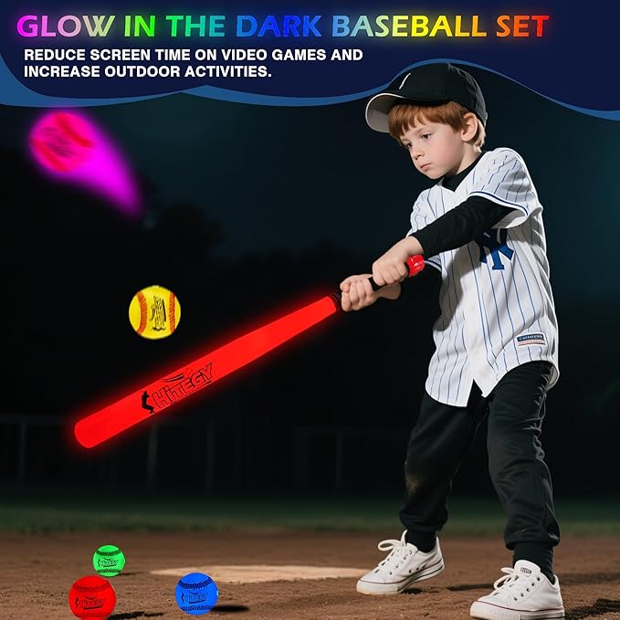 LED Baseball Bat and Ball Set, Rechargeable Glow in The Dark Baseballs (5 Color) | USB Charging, Waterproof | for Night Practice, Backyard Games, Gifts for Boys, Girls, Kids & Adults