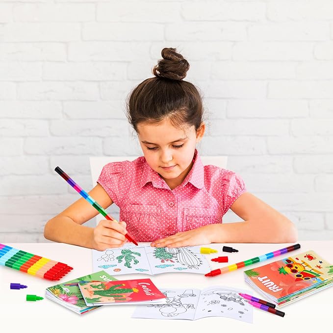 BenLouis 12 Summer Mini Coloring Books Kids with 12 Stacking Crayons Pool Beach Party Favors Small Activity Books Bulk for Kids Summer Birthday Party Gift Goodie Bag Stuffers