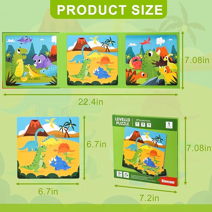 ASTARON Magnetic Puzzles for Toddlers, 16-20-25 Pieces Dinosaur Land Learning Magnet Puzzles for Road Trip, Educational Travel Toys Car Plane Activities for Kids, Kids Birthday Gifts