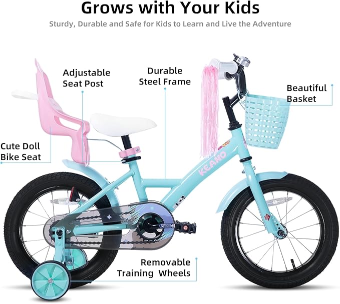 KEANO Zinnia 14 16 20 Inch Kids Bike for Girls Ages 3-10 Years, Girls' Bikes with Training Wheels, Streamers, Basket and Doll Seat, Children Bicycles
