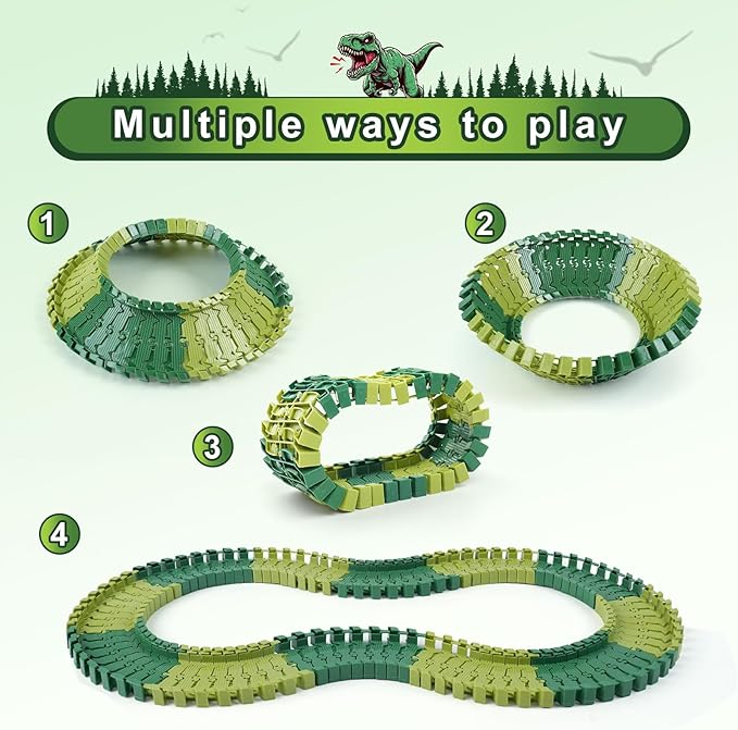 96 Pcs Dinosaur Flexible Track Expansion Kit for Kids - Birthday Gift for 3-5 5-7 Year Old Boys, Compatible with Most Dino Race Car Toys, Add-On Accessories for Building Track Sets