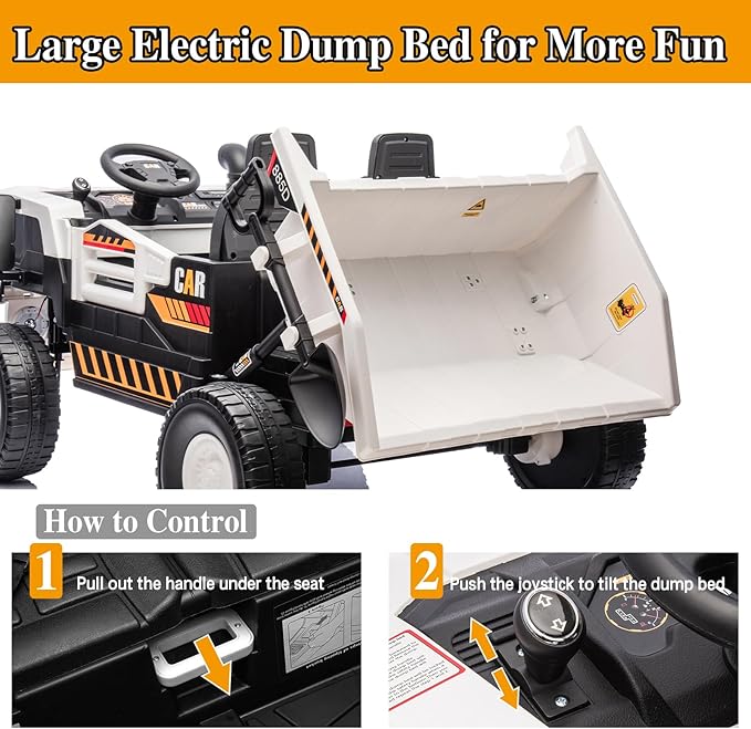 24V 4WD 2-Seater XL Kids Ride on Truck Electric Toy Car with Electric Dump Bed, Parents Remote Control Kids Car Tractor Toys Ride-on Dump Truck for Boys and Girls Ages 3+, White