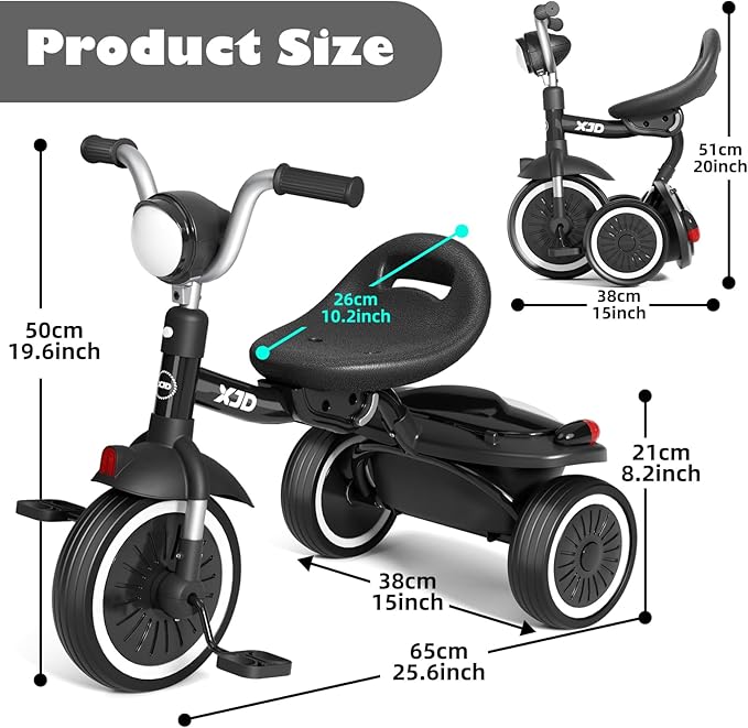XJD Toddler Tricycle, Foldable Toddler Bike with Pedals, Tricycle for 2-5 Year Olds, Adjustable Comfortable Seat, Birthday Gifts for 1-5 Years Old Boys and Girls (Black)