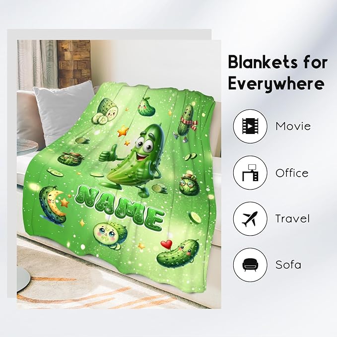 Pickle Blanket - Personalized Boys Girls Blankets Gifts for Pickle Lovers - Soft Flannel Kids Throw with Name for Couch, Bed, Room Decor, 4 Size