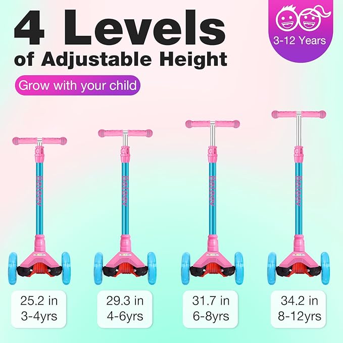 BELEEV Scooters for Kids 3 Wheel Kick Scooter for Toddlers Girls Boys, 4 Adjustable Height, Lean to Steer, Light up Wheels, Extra-Wide Deck, Easy to Assemble for Children Ages 3-12 (Rose Pink)