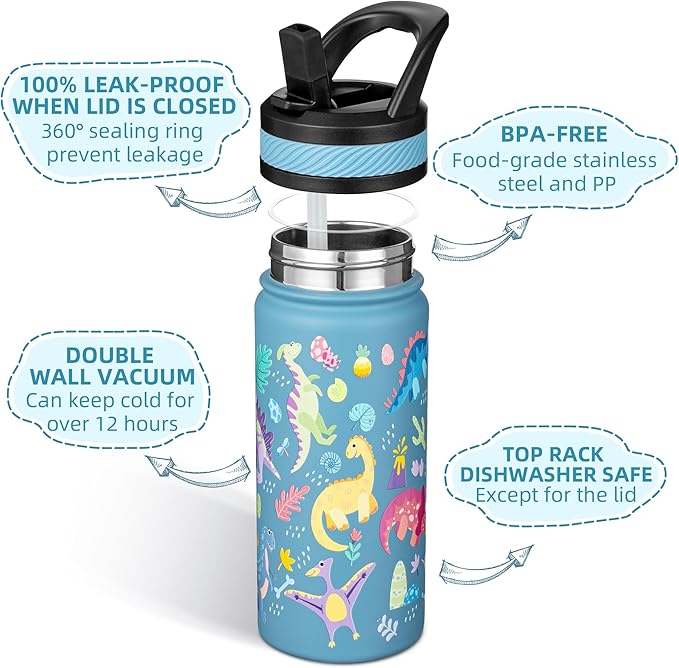 Fanhaw 18 Oz Kids Insulated Water Bottle with Straw - Stainless Steel Double Wall Vacuum Cup, Leakproof, BPA Free, Suitable for Boys and Girls(Cyan - Dinasours World)