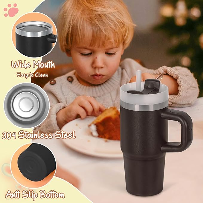 Cosictic 14 Oz Tumbler with Handle and Straw for Kids, Stainless Steel Double Wall Vacuum Insulated Cup for Children, 14 Oz Cups for Kids (Black)