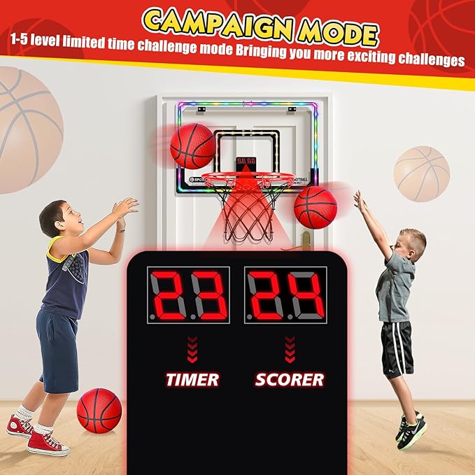 Extra Large 26" x 17" Pro Indoor Basketball Hoop Over The Door with LED Lighting Electronic Scoreboard, Mini Basketball Hoop for Kids, for Boys Girls Teens Adults B&R