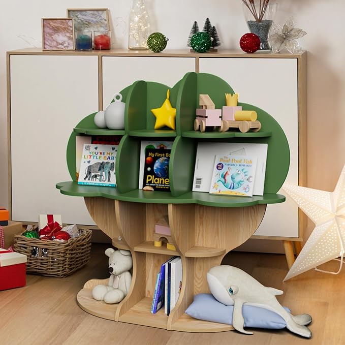 Green Tree Kids Bookshelf Toddler Bookcase 4-Tier Baby Book Rack Children Toy Storage Organizer Forest Wood Display Shelf for Nursery Playroom Bedroom Classroom School Homeschooling Boy Girl’s Gift