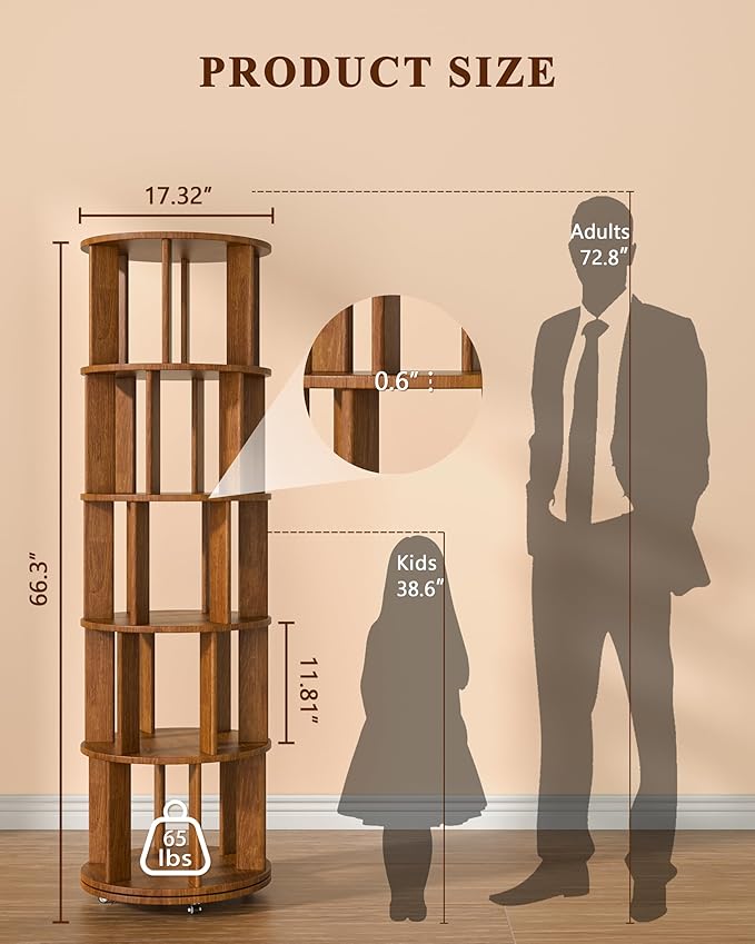 5-Tier Solid Wood Rotating Bookshelf on Wheels, 360° Spinning Book Shelf Tower, Round Revolving Bookcase Organizer, Rolling Bookshelves for Small Spaces, Corner, Bedroom, Kids Room, Office, Walnut