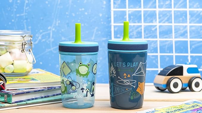 Zak Designs Campout and Camping Kelso Tumbler Set, Leak-Proof Screw-On Lid with Straw, Bundle for Kids Includes Plastic and Stainless Steel Cups with Bonus Sipper, 3pc Set, Non-BPA