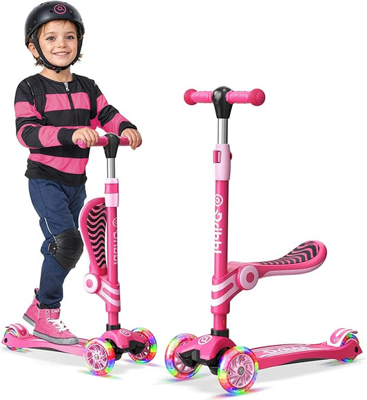 Pink 3 Wheel Scooter with Seat for Kids – Light-Up LED Wheels, Adjustable Handlebar and Seat, Smooth PU Wheels, Wide Anti-Slip Deck, Rear Foot Brake – Toddler Outdoor Toys for Ages 2+