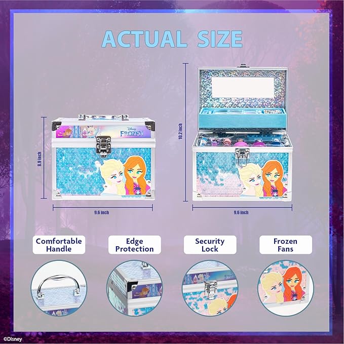 Disney Frozen Train Case Beauty Set, Kids Makeup Kit for Girls, Real Washable Makeup Set, Play Makeup, Party Favor, Birthday, Ages 3 4 5 6 7 8 9 10 11 12 by Townley Girl