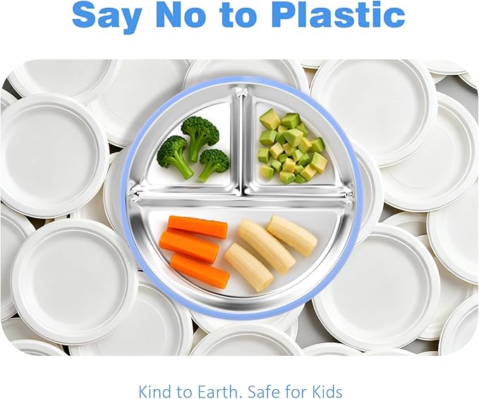 Stainless Steel Suction Plates for Toddlers, 9" Divided Kids Baby Plates with Removable Silicone Suction, Non Toxic Non Slip Portion Control Snack Dishes 4 Packs, Blue Green Purple Beige