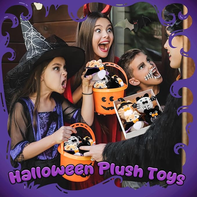 Soulchen 16 Pcs Halloween Stuffed Animal 4 Inch Plush Cat Toys Bulk Mini Halloween Plushies with Keychain Small Kawaii Plush Kitten Characters Trick or Treat Goodie Bag Fillers Party Favors