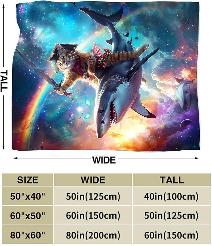 Funny Cat Blanket Fleece Soft Warm Plush Cat Shark Space Galaxy Throw Blanket Lightweight Plush Fuzzy Cozy Kitten Blankets for Boys Girls Kids Adult Suitable for Couch Sofa Bed 80"X60"