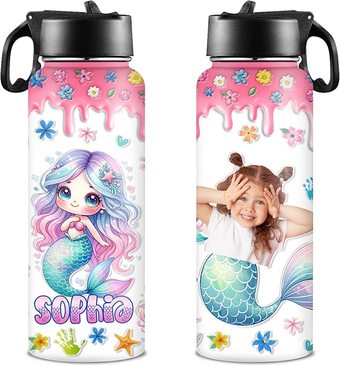 Personalized Water Bottles with Straw Lid Custom Water Bottle Personalized Names Thermos Stainless Steel Double Wall Insulated Cup Customized Gifts for Kids Women Men School Sports Style 06