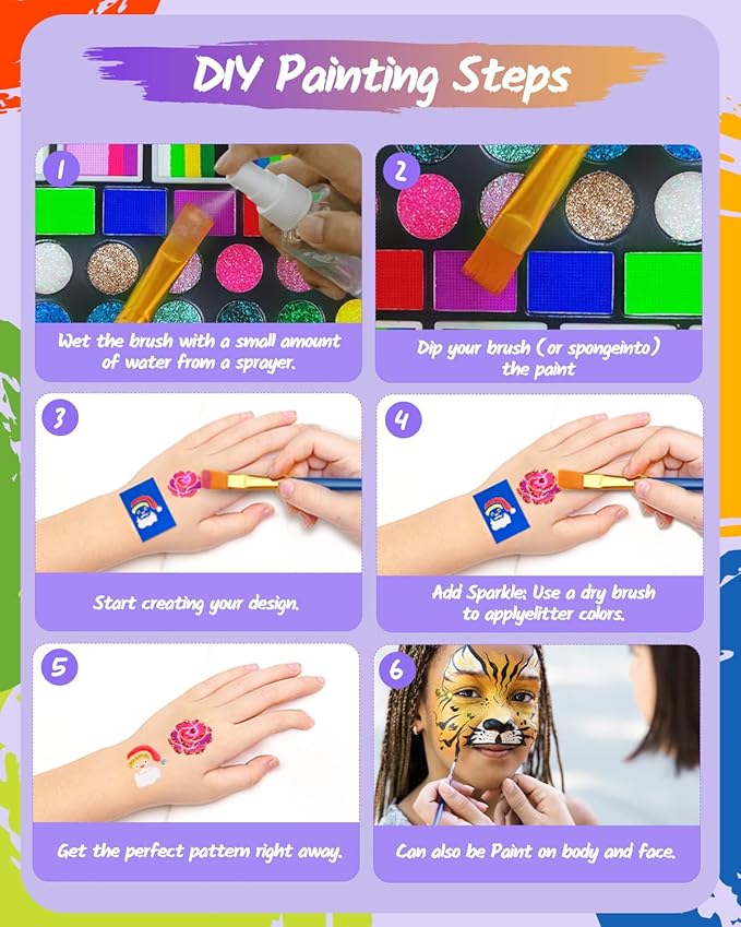 Face Painting Kit for Kids, 50 Colors Water Activated Face Paint Kit, Non-Toxic Professional Makeup Palette with Stencils, Gems, Brushes, Hair Dye Comb & Bucket for Kids Parties & Christmas