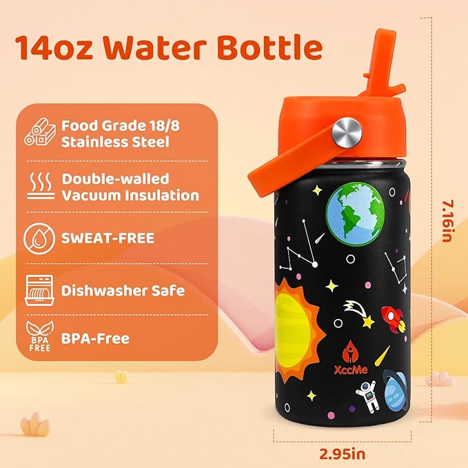 Kids Water Bottle With Straw Lid,14 oz Stainless Steel Travel Bottle,Double Wall Leak Proof Kids Cup,Insulated Tumbler for Toddlers,Metal Bottle for School Boys Girls (Space)
