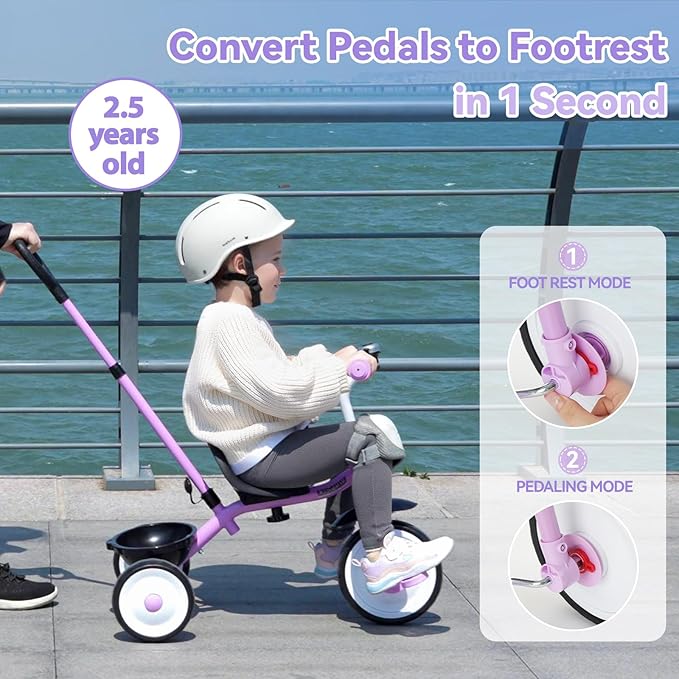 Liberry 2 in 1 Toddler Tricycle Age 2 3 4 Years Old, Kids Trike with Adjustable Push Handle, Bell & Basket, 3 Wheel Bike Riding Toy Birthday for Girls Boys, Purple
