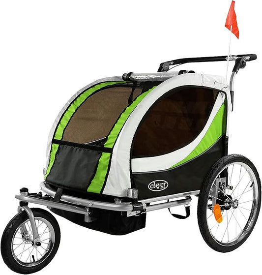ClevrPlus Deluxe 3-in-1 Double 2 Seat Bicycle Bike Trailer Jogger Stroller for Kids Children | Foldable Collapsible w/Pivot Front Wheel