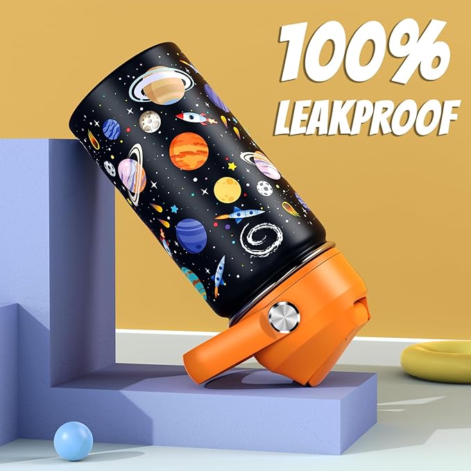 14oz Kids Insulated Water Bottle with Straw Lid - 18/8 Stainless Steel Kid Cup Travel Tumbler Double Wall Vacuum Leak Proof Portable Toddler Water Bottle (Space)