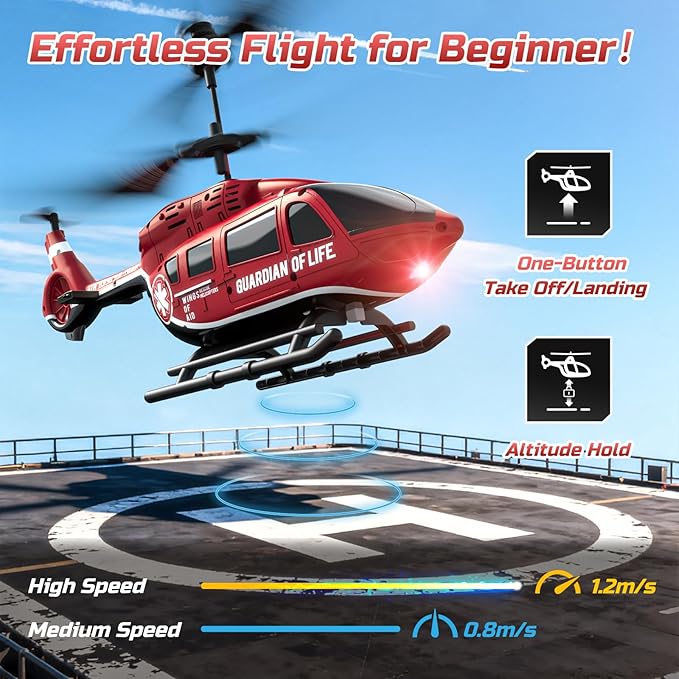 DEERC Remote Control Helicopter, Rescue RC Helicopter Toy with LED Lights, 2 Batteries, Altitude Hold & 2.4GHz Stable Control, Realistic Rescue Design, Ideal Gift for Kids and Adults