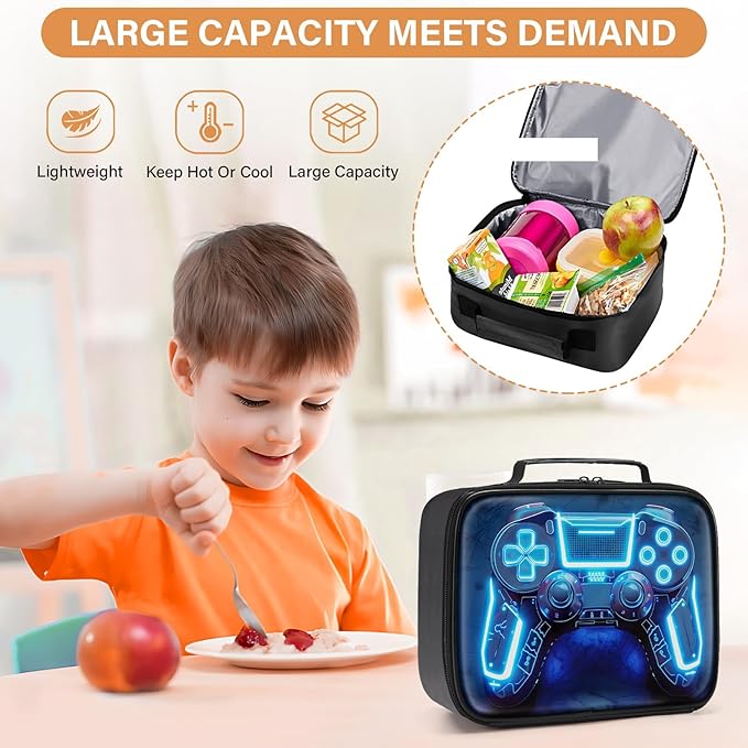 Gamer Lunch Box for Boys,Leather Boys Lunch Bag for Kids,Gamer Gifts for Kids,Insulated Video Game Lunchbox,Reusable Portable Lunchbox for School Travel Picnic Hiking Beach