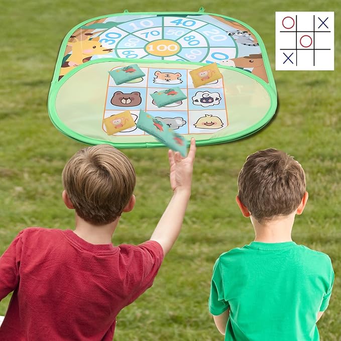 3 in 1 Bean Bag Toss Game Dartboard Set Foldable Pop Up Cornhole Board Balls, Bean Bags, Ball Tart Indoor Outdoor Toys for Kids Ages 3+, Birthday/Xmas Party Games