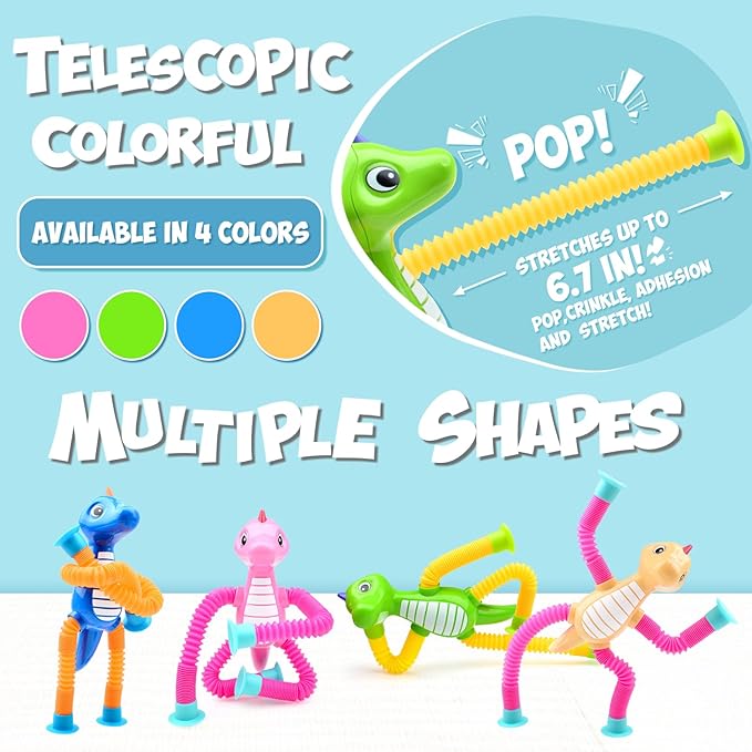 8Pcs Telescopic Suction Cup Dinosaur Toys,Sensory Toys for Kids 3-5 5-7,Toddler Toy,Fidget Toy,Toddler Travel Essential for Airplane,Pop Tubes, Christmas Stocking for Kids Boys Girls B