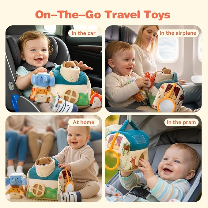 Youuys Travel Sensory Toys for Babies 6-12 Months & Toddlers 1-3 Year Old On-The-Go Montessori Soft Stuffed Animal Set with Crinkle, Rattle, Safe Mirror Educational for Kids Boy Girl