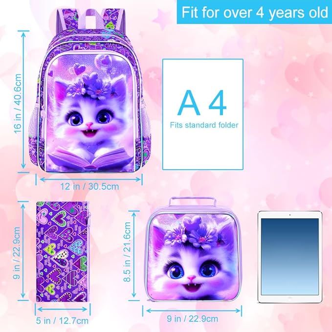 CCJPX 3Pcs Cat Backpack for Girls, 16” Kids Bookbag with Lunch Box, Water Resistant Elementary School Bag for Kindergarten Preschool Toddler (Purple)