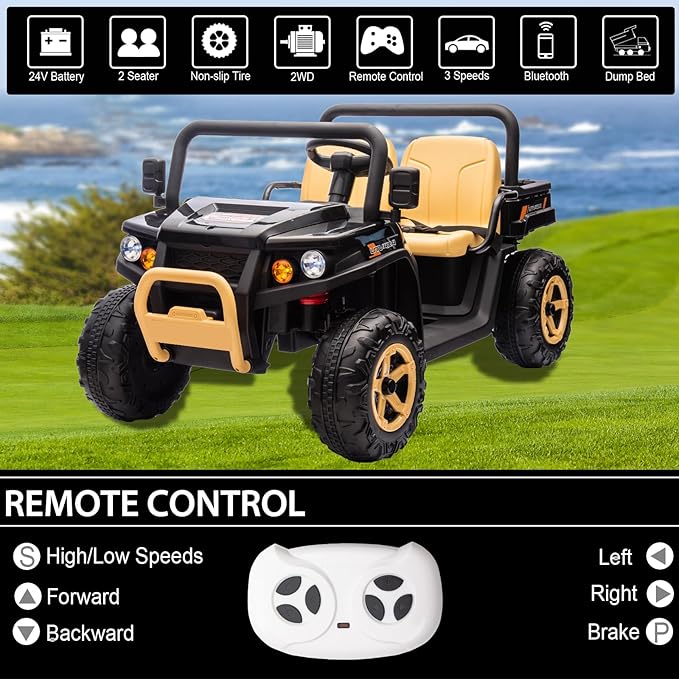 POSTACK 24V 2 Seater Ride on Toy with Parental Remote Control, Electric Dump Truck for Kids, Battery Powered Electric Vehicle UTV for Kids to Drive w/Bluetooth, Music, Black