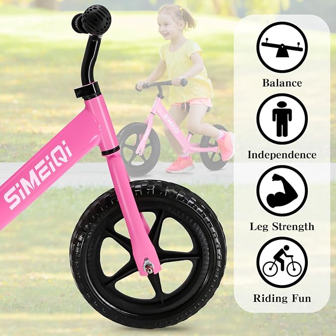 SIMEIQI 12" Balance Bike for Boys Girls 2 3 4 5 Years Old No Pedal Walking Balance Training Sports Bicycle for Kids Toddlers Lightweight Adjustable Seat & Handlebar