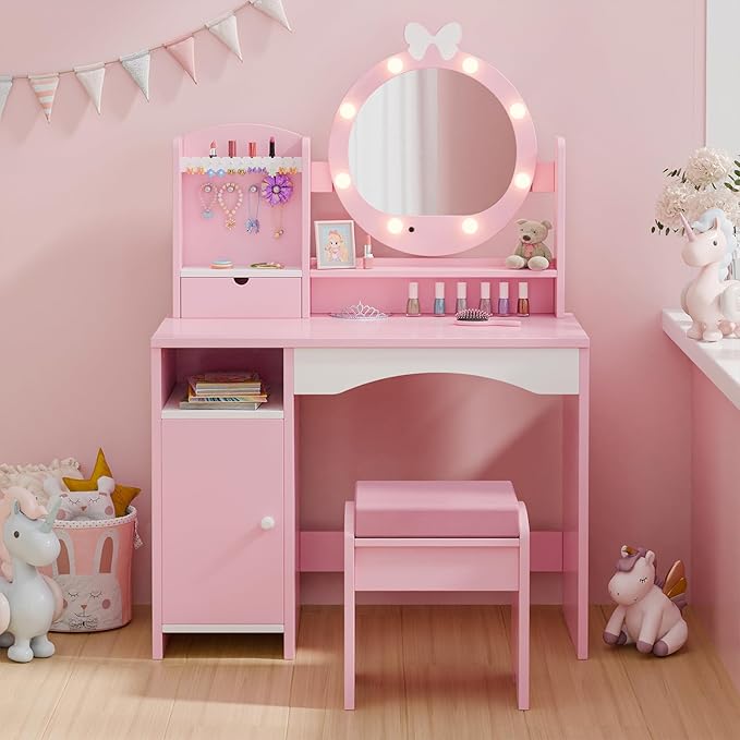 MU Kids Vanity Table and Chair Set – Princess Girls Vanity Set with Mirror, Lights, Jewelry Storage, and Cushioned Stool, Toddler Makeup Vanity for Little Girls (Pink)
