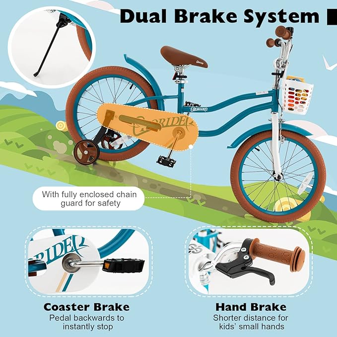 BABY JOY Kids Bike, 12 14 16 18 20 Inch Boys Girls Bike w/Adjustable Seat, Removable Basket, Handbrake & Coaster Brake, Training Wheels or Kickstand, Kids Bicycle with Multi-Color