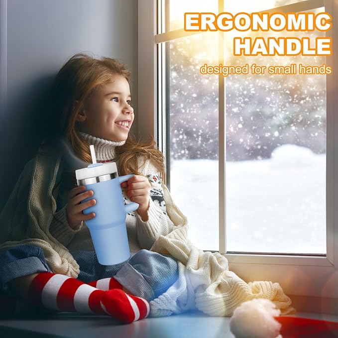 14 oz Tumbler with Handle and Straw, 14oz Tumbler with Lid and Straw for Kids Stainless Steel Tumblers, Car Mug Outdoor Sports Travel Gift (Sky blue)