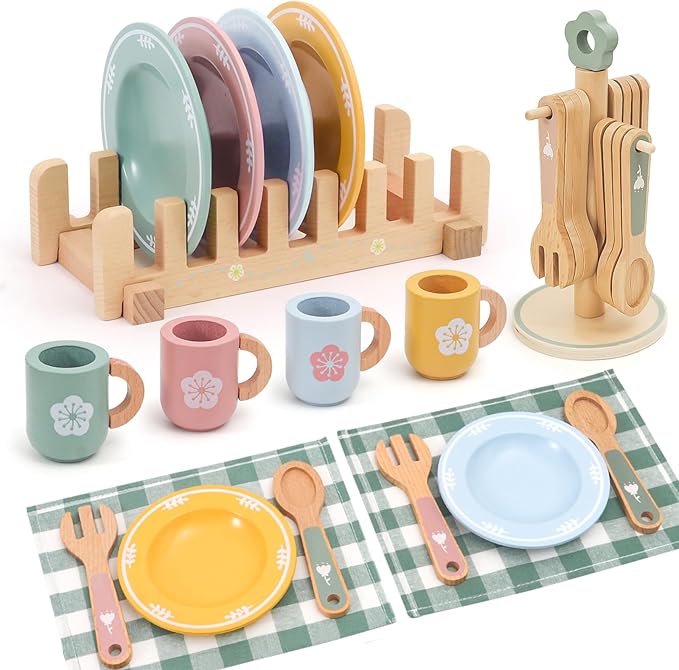 Wooden Play Kitchen Accessories Set with Detachable Dish Rack and Utensil Holder - Complete Set for Toddlers 3-5, Includes Plates and Cups, Colorful Cutlery for Pretend Play, Ideal Gift
