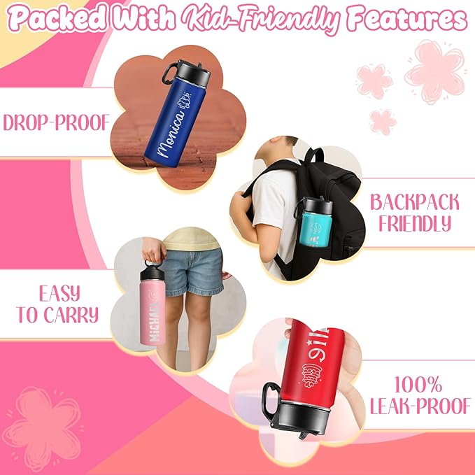 Ships from USA,Personalized Custom Kids Water Bottle Engraved With Name Logo,Custom Insulated Stainless Steel Sports Water Bottle with Straw Lid,Personalized Christmas Gifts for Boys Girls