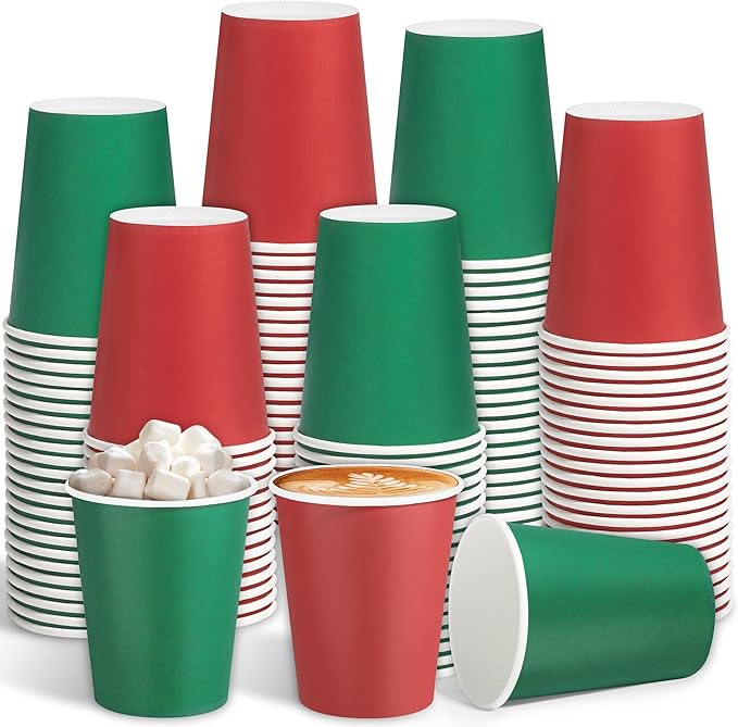 144 Pieces Christmas Paper Cups 9 Oz Disposable Coffee Paper Cups Holiday Party Cup Beverage Drinking Cup for Christmas, Wedding, Birthday, Party, DIY, and Picnic (Red, Green)