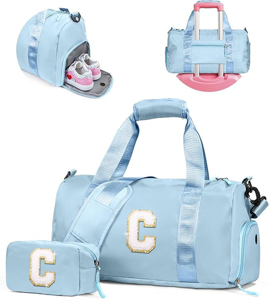 Gifts for 3 4 5 6 7 8 9 Year Old Girls-Girl Gym Bag with Shoe Compartment, Kid Personalized Weekender Dance Bags, Initial Travel Tote with Makeup Pouch, Easter Gift for Teen (Letter C)