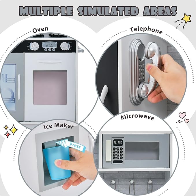 Costzon Kids Kitchen Playset, Wooden Pretend Cooking Toy Set w/Realistic Sound, Large Blackboard, Telephone, Microwave, Ice Maker, Dishwasher, Oven, Storage Space, Play Kitchen for Kids Ages 3+ (Grey)