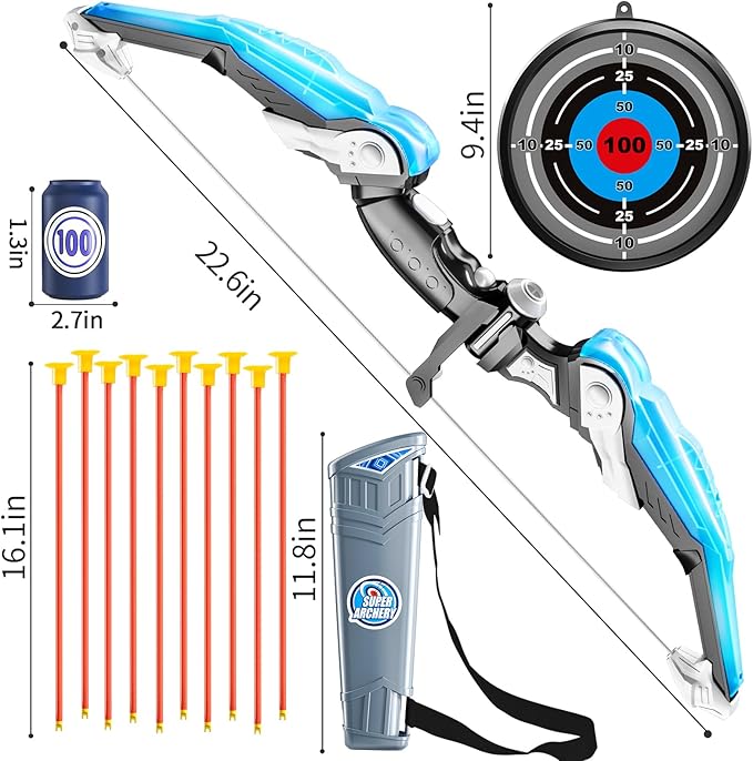 TEMI Bow and Arrow Set for Kids - Archery Toy Set - LED Light Up with Suction Cup Arrows, Target & Quiver, Indoor and Outdoor Toys for Children Boys Girls