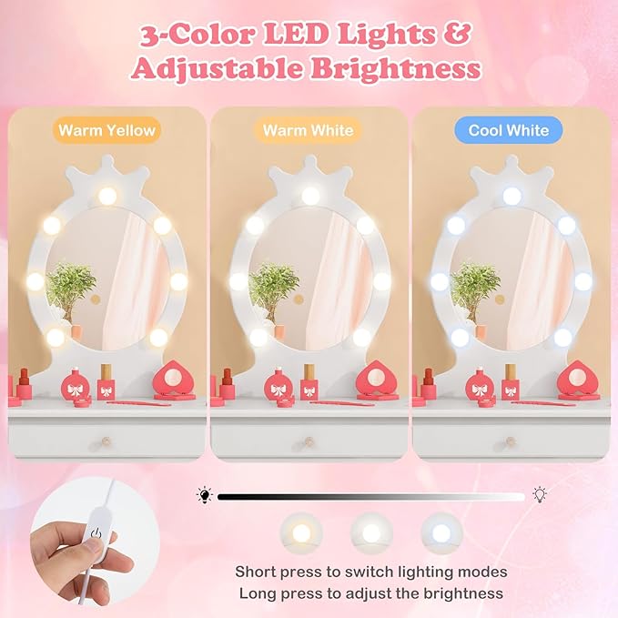 HONEY JOY Kids Vanity with Lights, Princess Wooden Makeup Table & Stool with Drawer, 3-Color LED Lights, Toddler Dressing Vanity for Little Girls, Pretend Play Kids Vanity Table and Chair Set (White)