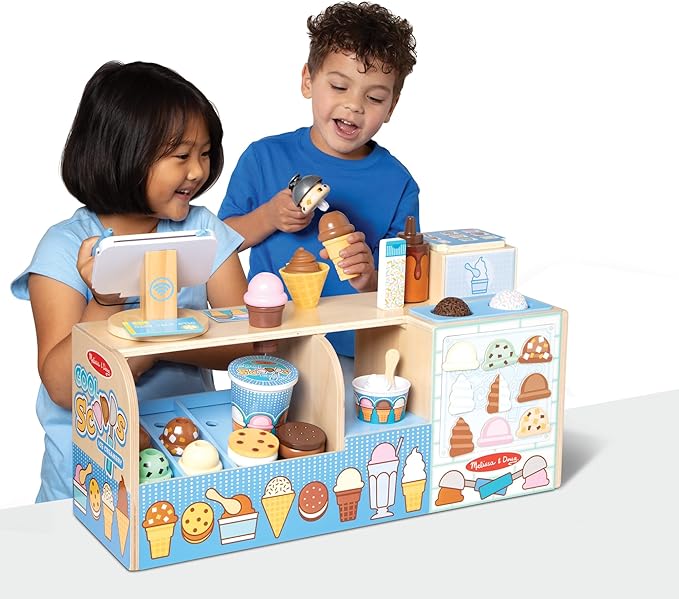Melissa & Doug Cool Scoops Ice Creamery, Wooden Ice Cream Shop & Counter with Play Food & Play Kitchen Accessories, Preschool Learning Toys for Girls & Boys 3+ - FSC Certified