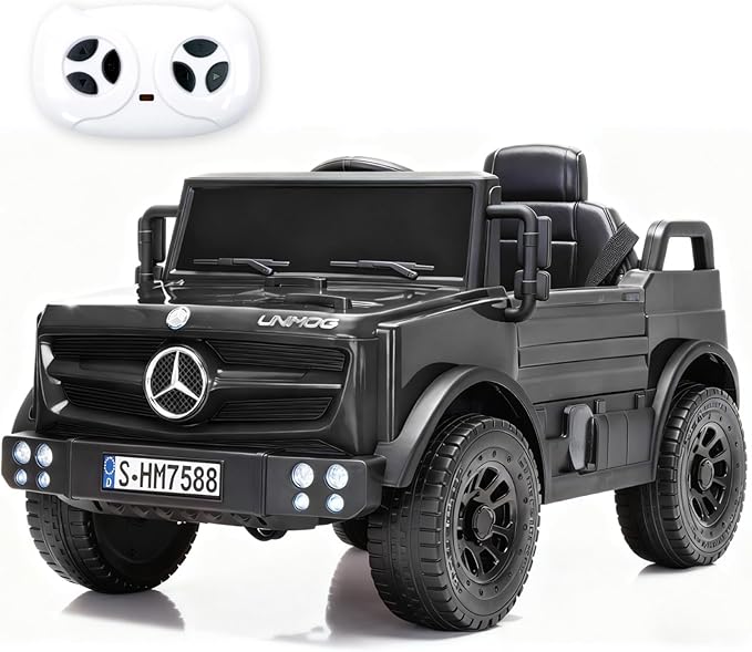 12V Ride on Car for Kids, Licensed Mercedes-Benz Unimog w/Parent Remote Control, LED Headlights, Music Player & Horn for 3-4 Years Toddler,Black