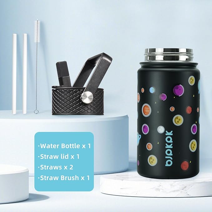 BJPKPK Water Bottle with Straw Lid, 15 oz Insulated Water Bottle, Stainless Steel Metal Water Bottles, Reusable Leak Proof BPA Free Thermo, Flask, Cups, Planets